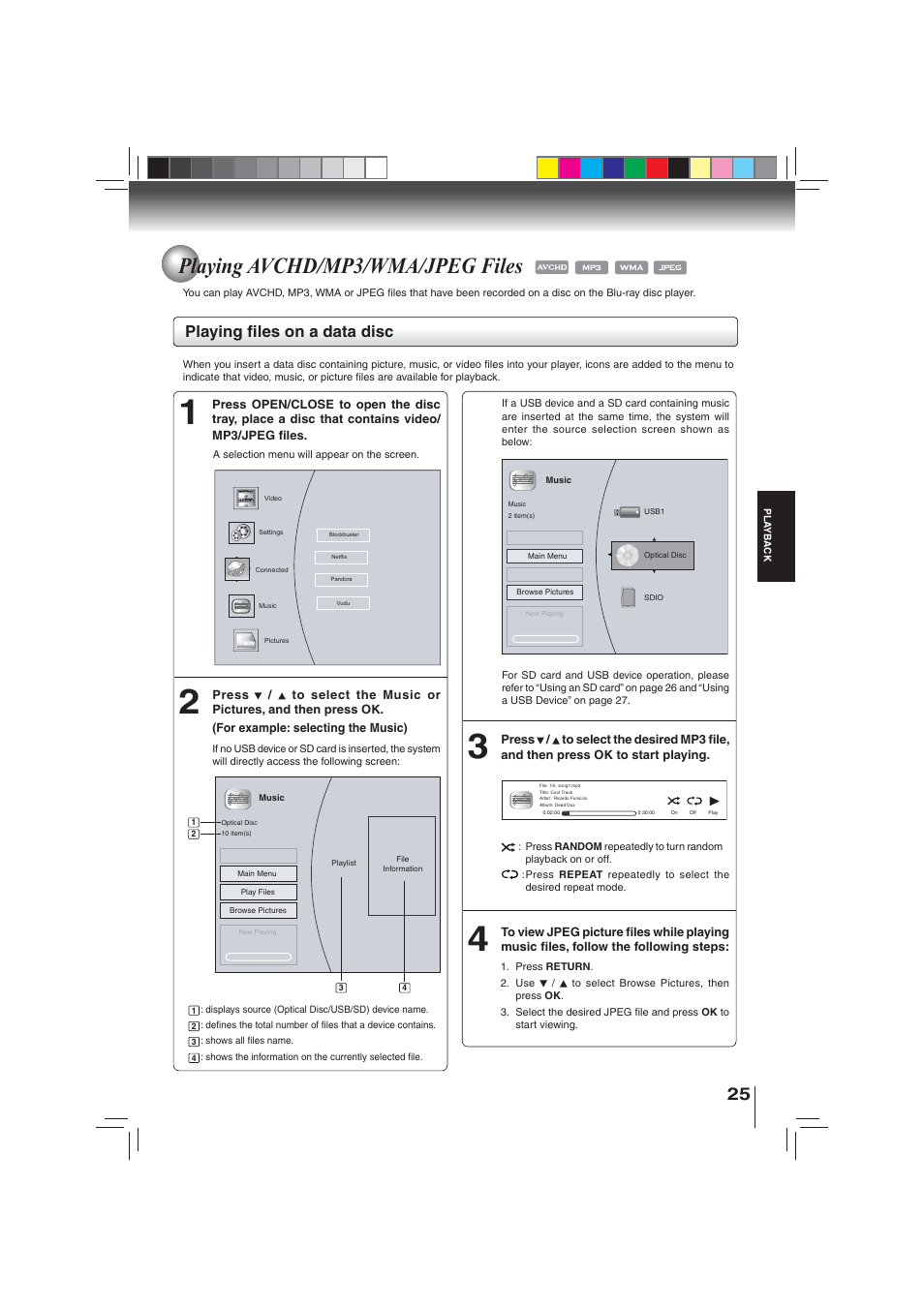 Playing avchd/mp3/wma/jpeg files, Playing fi les on a data disc | Toshiba BDX3000KU User Manual | Page 25 / 64