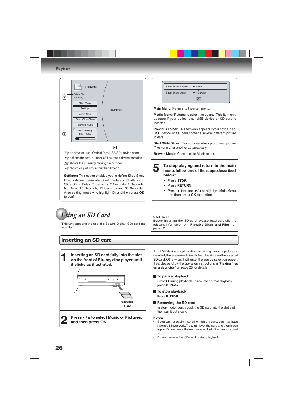 Using an sd card, Inserting an sd card | Toshiba BDX3000KU User Manual | Page 26 / 64