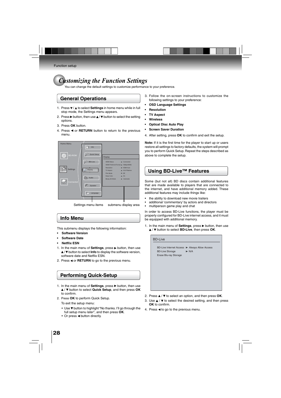 Customizing the function settings, General operations | Toshiba BDX3000KU User Manual | Page 28 / 64