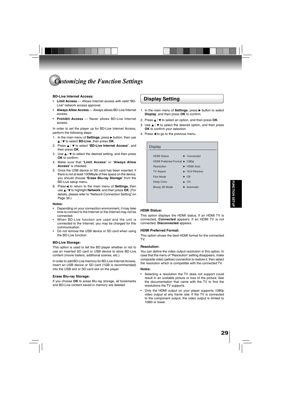 Customizing the function settings, Display setting | Toshiba BDX3000KU User Manual | Page 29 / 64