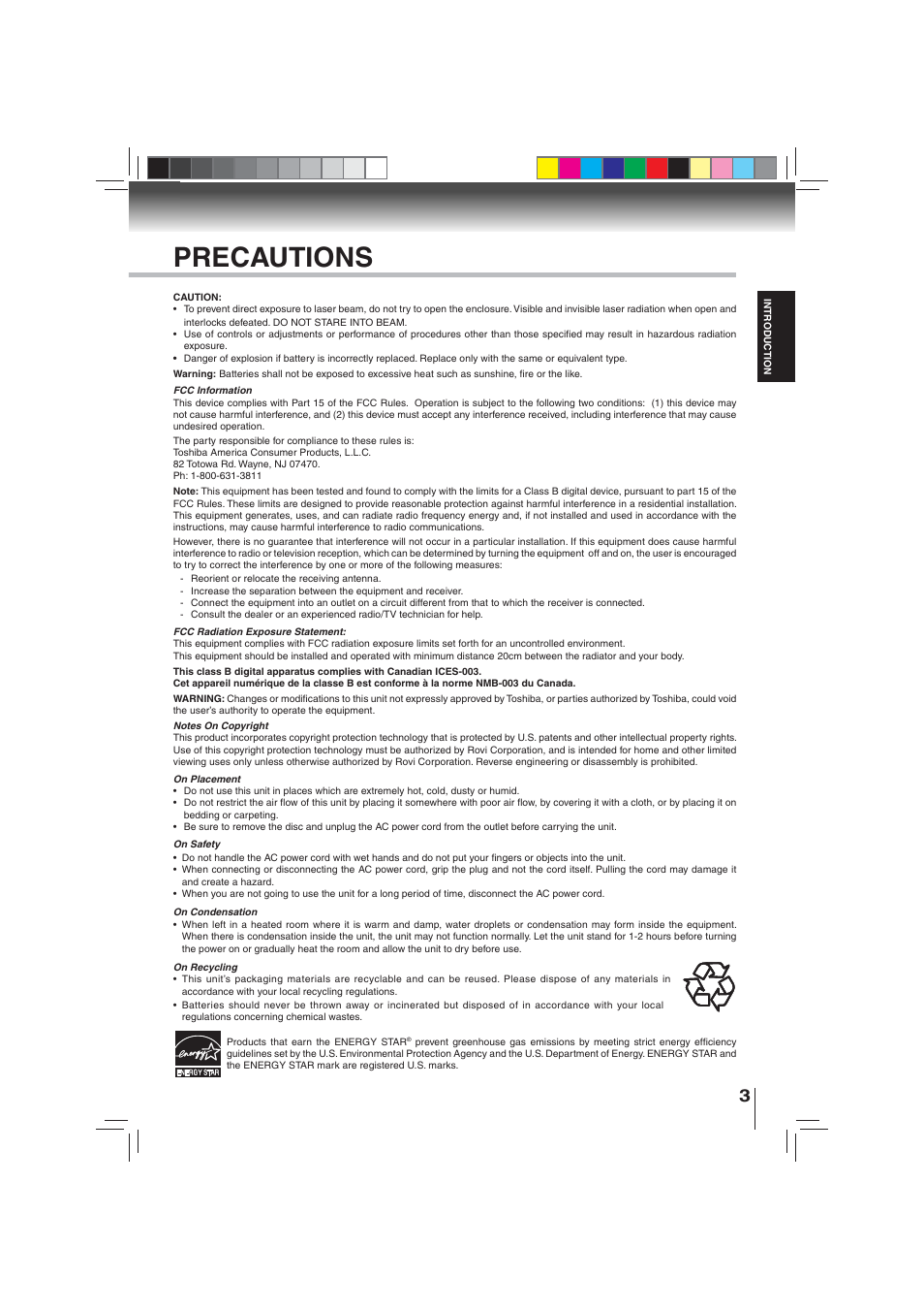 Precautions | Toshiba BDX3000KU User Manual | Page 3 / 64