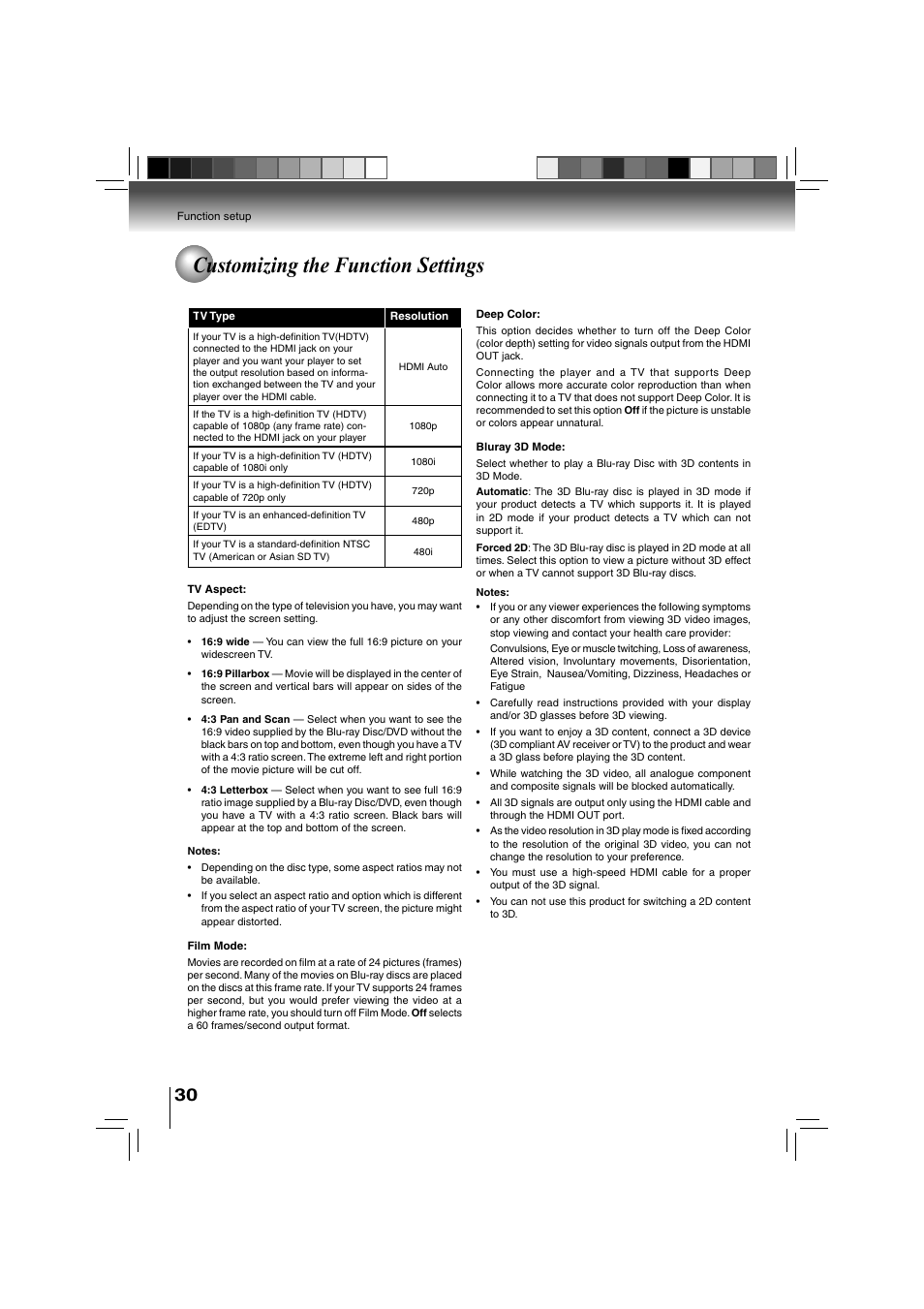 Customizing the function settings | Toshiba BDX3000KU User Manual | Page 30 / 64