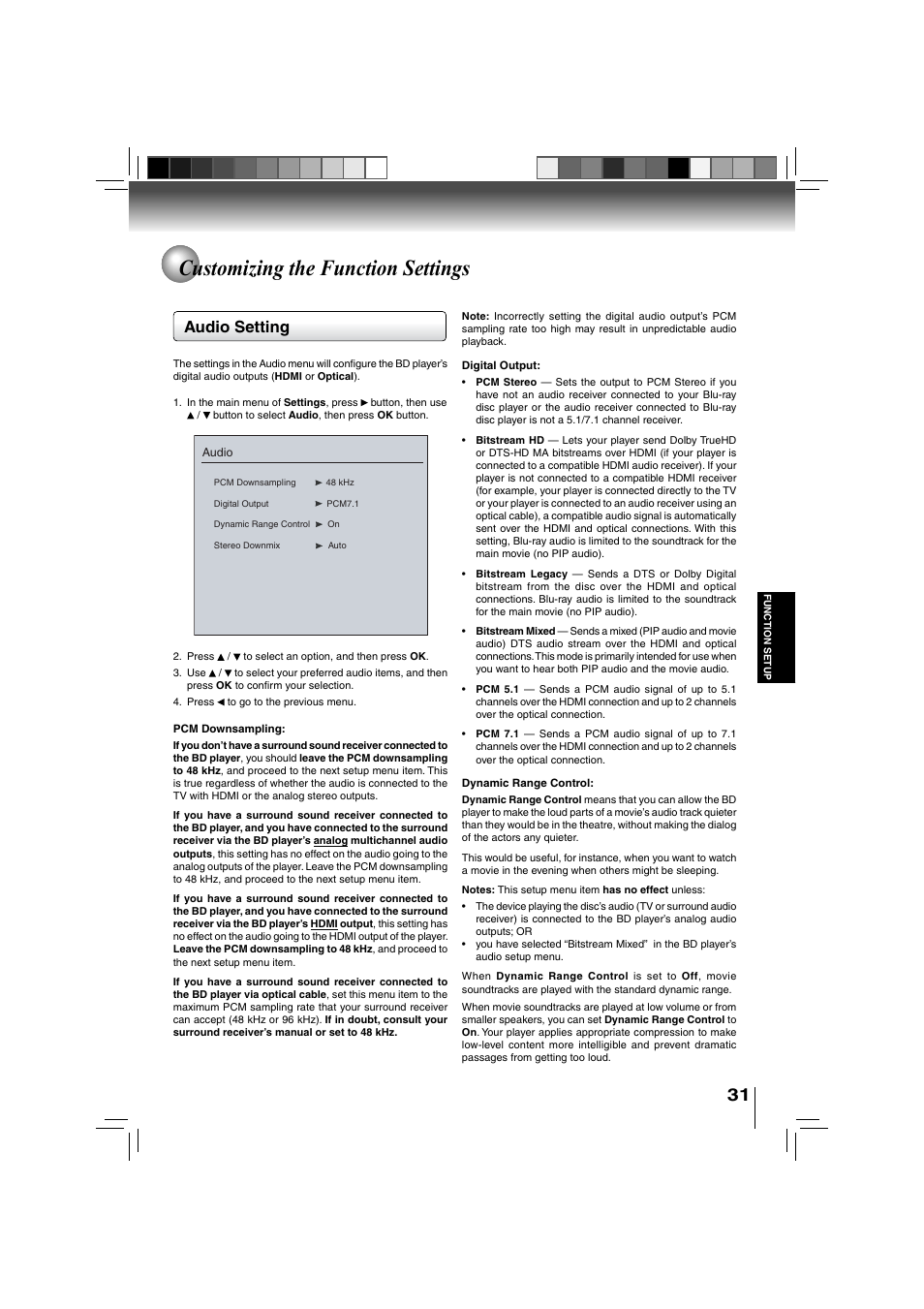 Customizing the function settings, Audio setting | Toshiba BDX3000KU User Manual | Page 31 / 64