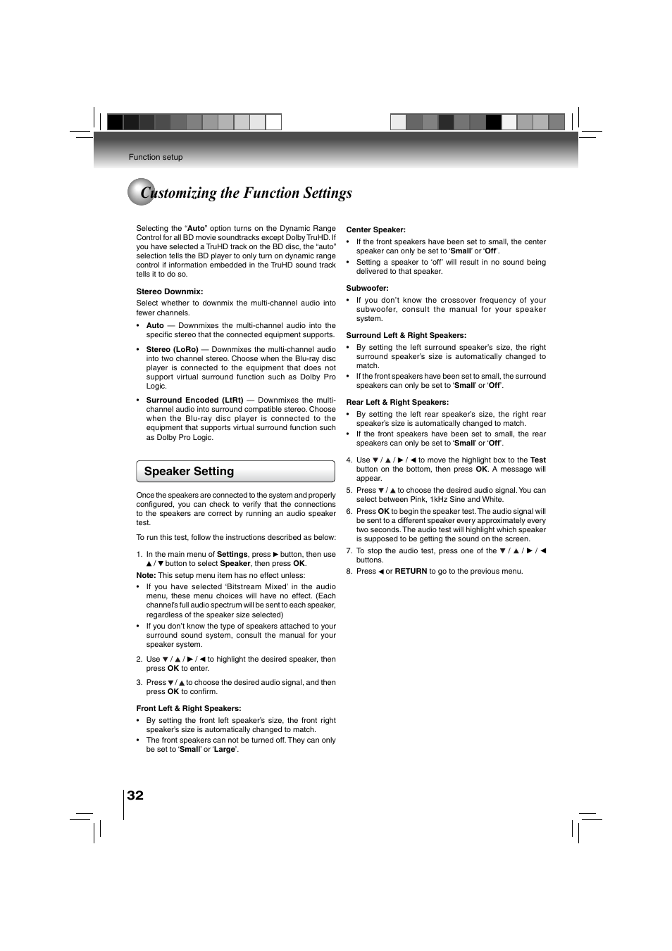 Customizing the function settings, Speaker setting | Toshiba BDX3000KU User Manual | Page 32 / 64