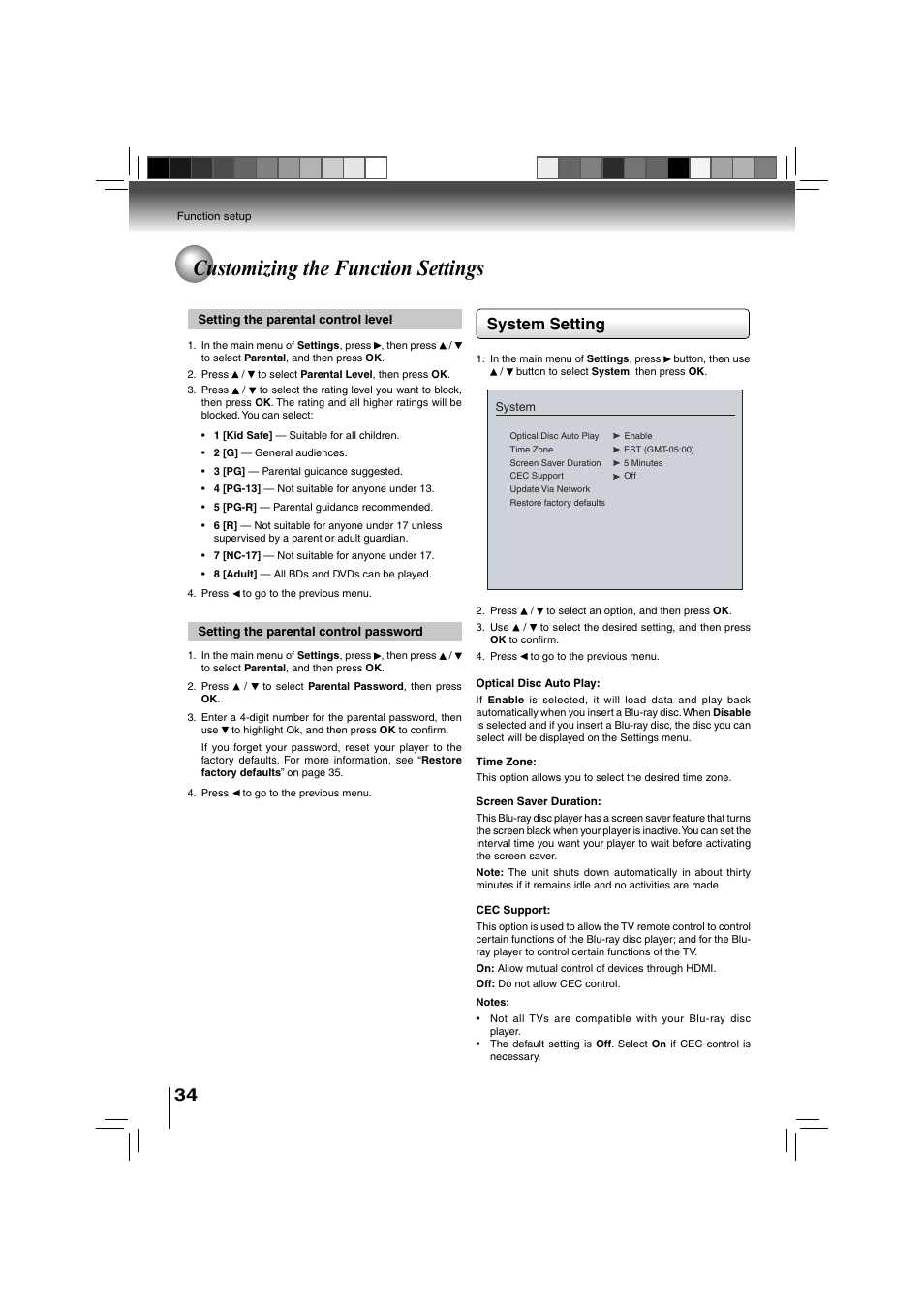 Customizing the function settings, System setting | Toshiba BDX3000KU User Manual | Page 34 / 64