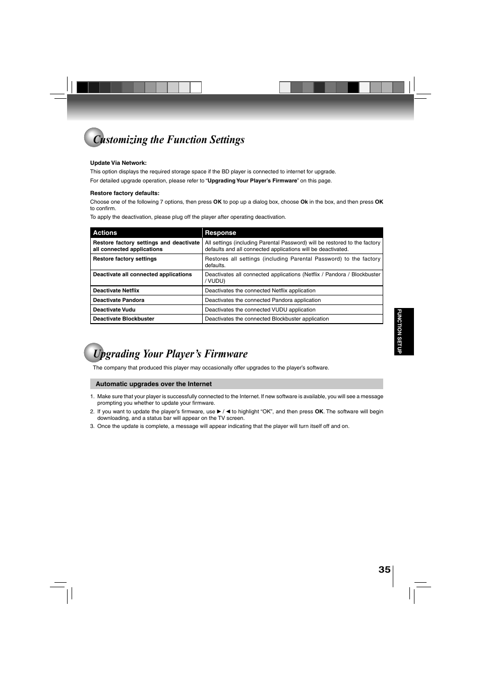 Customizing the function settings, Upgrading your player’s firmware | Toshiba BDX3000KU User Manual | Page 35 / 64