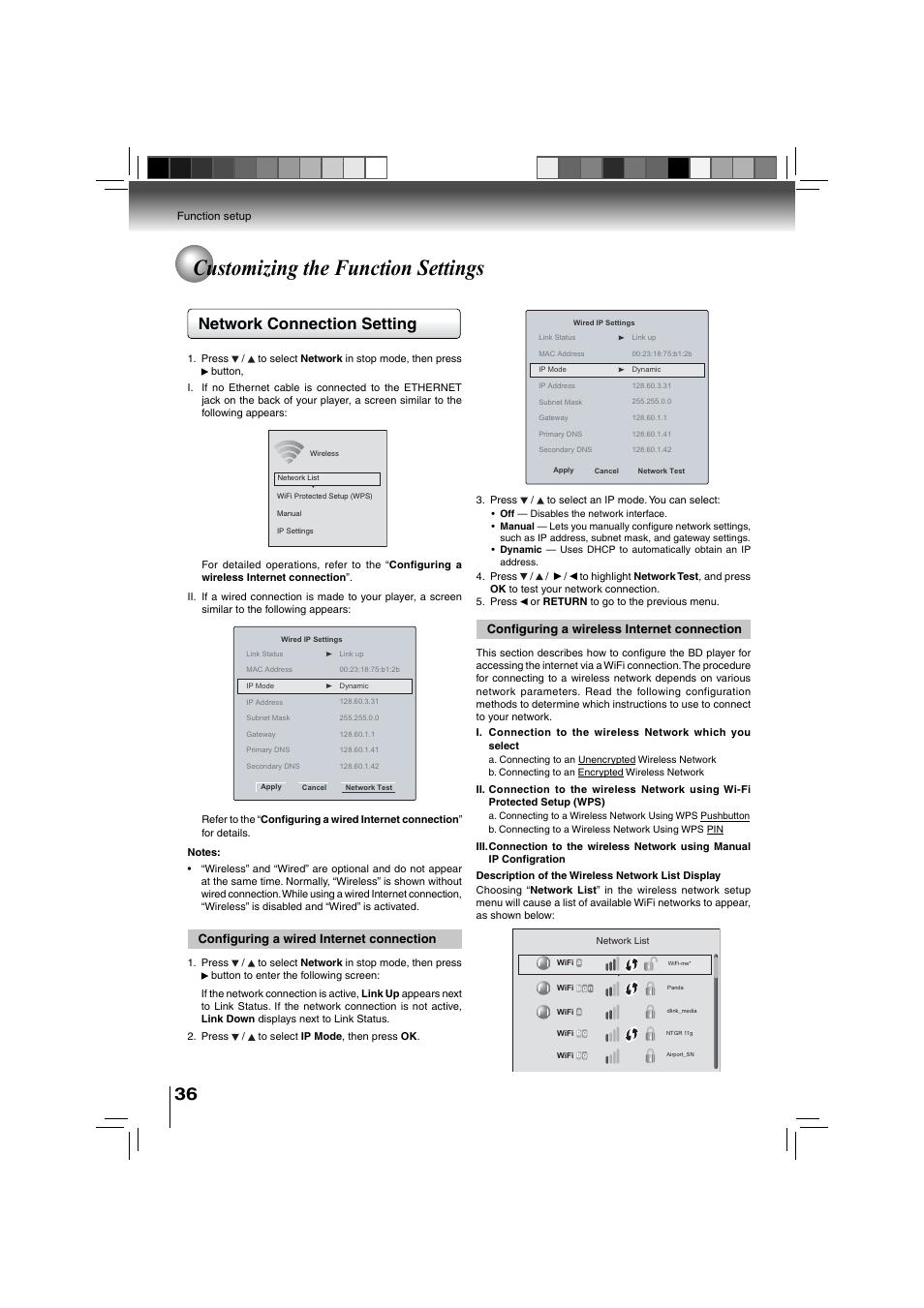 Customizing the function settings, Network connection setting, Confi guring a wired internet connection | Confi guring a wireless internet connection | Toshiba BDX3000KU User Manual | Page 36 / 64