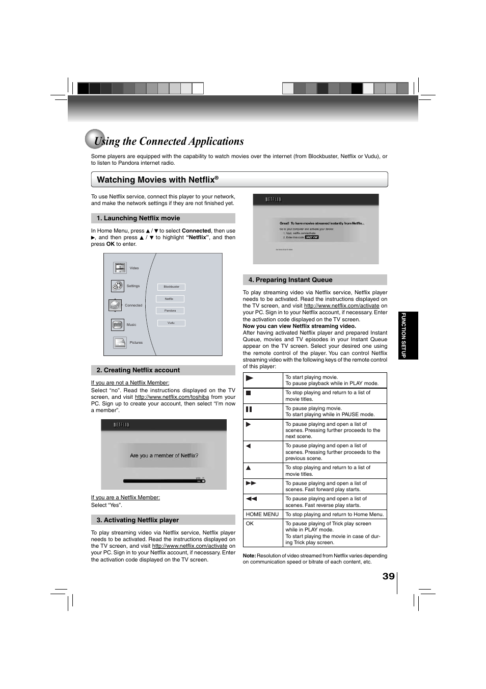 Using the connected applications, Watching movies with netfl ix | Toshiba BDX3000KU User Manual | Page 39 / 64