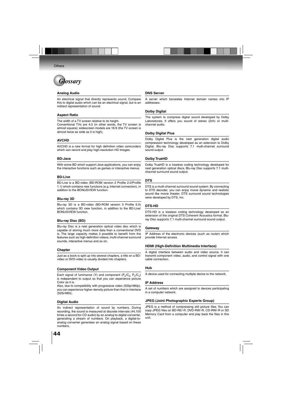 Glossary | Toshiba BDX3000KU User Manual | Page 44 / 64