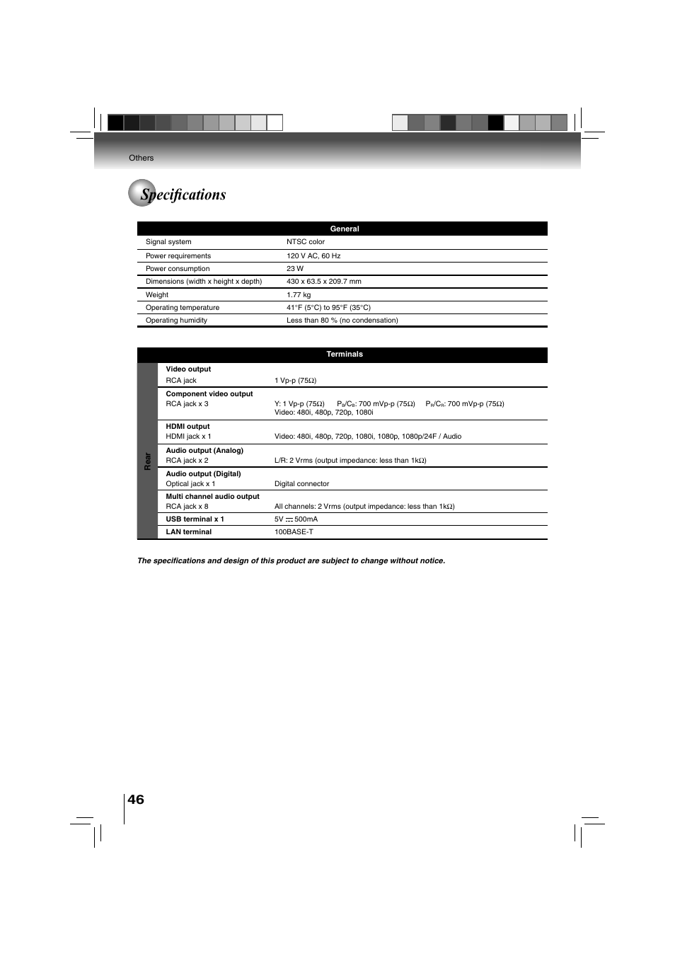 Specifi cations | Toshiba BDX3000KU User Manual | Page 46 / 64