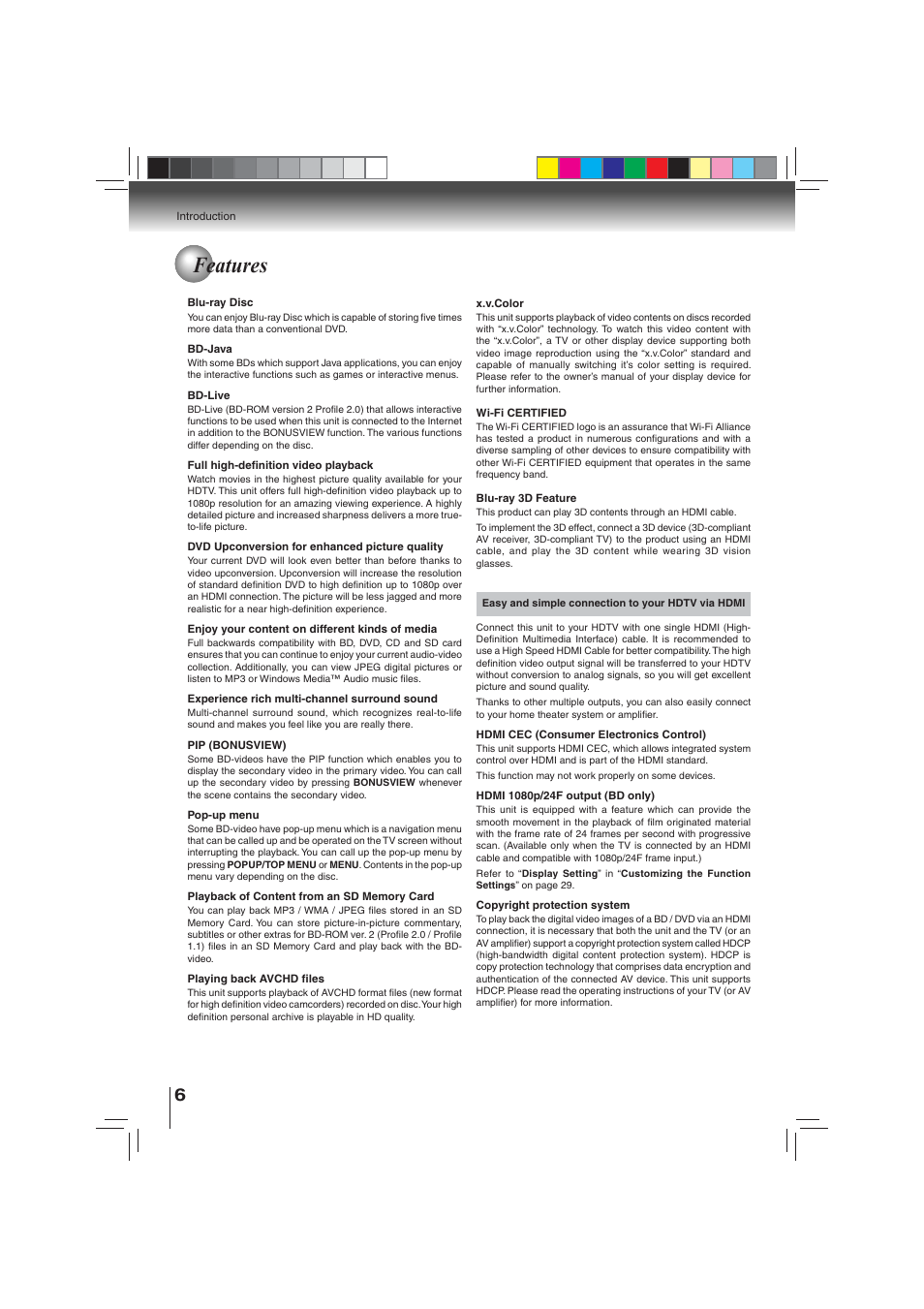 Features | Toshiba BDX3000KU User Manual | Page 6 / 64