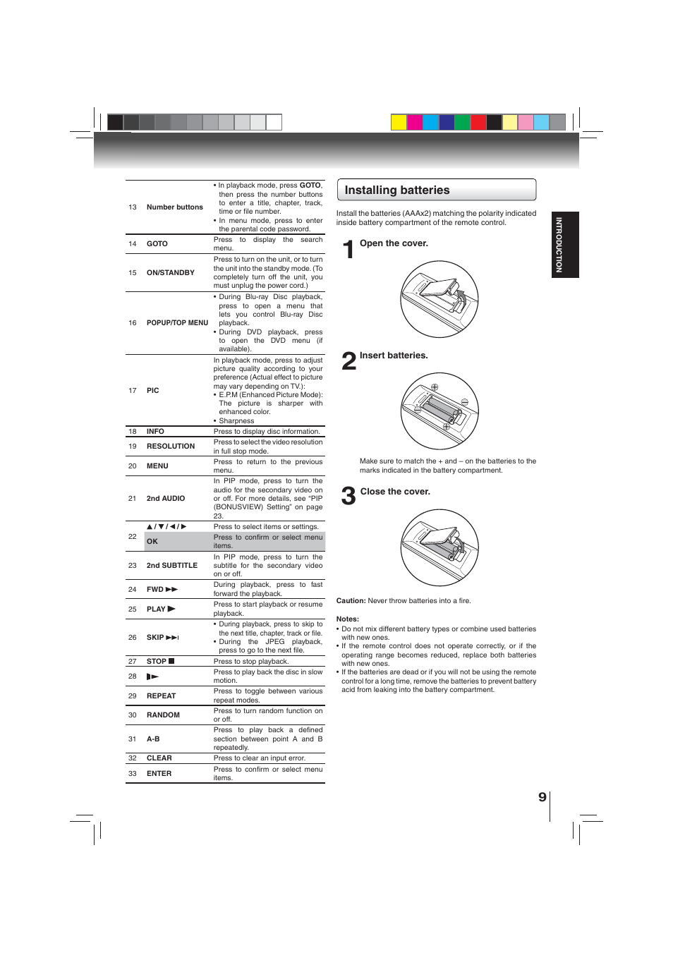 Installing batteries | Toshiba BDX3000KU User Manual | Page 9 / 64