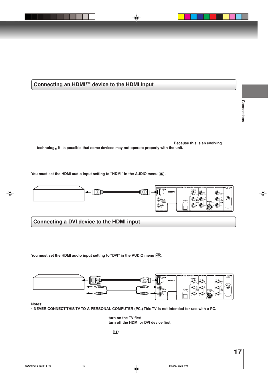 Connecting an hdmi™ device to the hdmi input, Connecting a dvi device to the hdmi input | Toshiba MW30G71 User Manual | Page 17 / 84