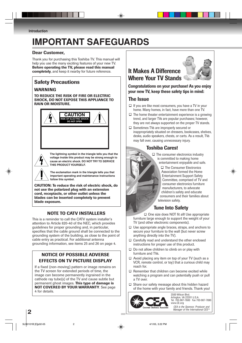 Important safeguards im, It makes a difference where your tv stands, Safety precautions | The issue, Toshiba cares, Tune into safety | Toshiba MW30G71 User Manual | Page 2 / 84