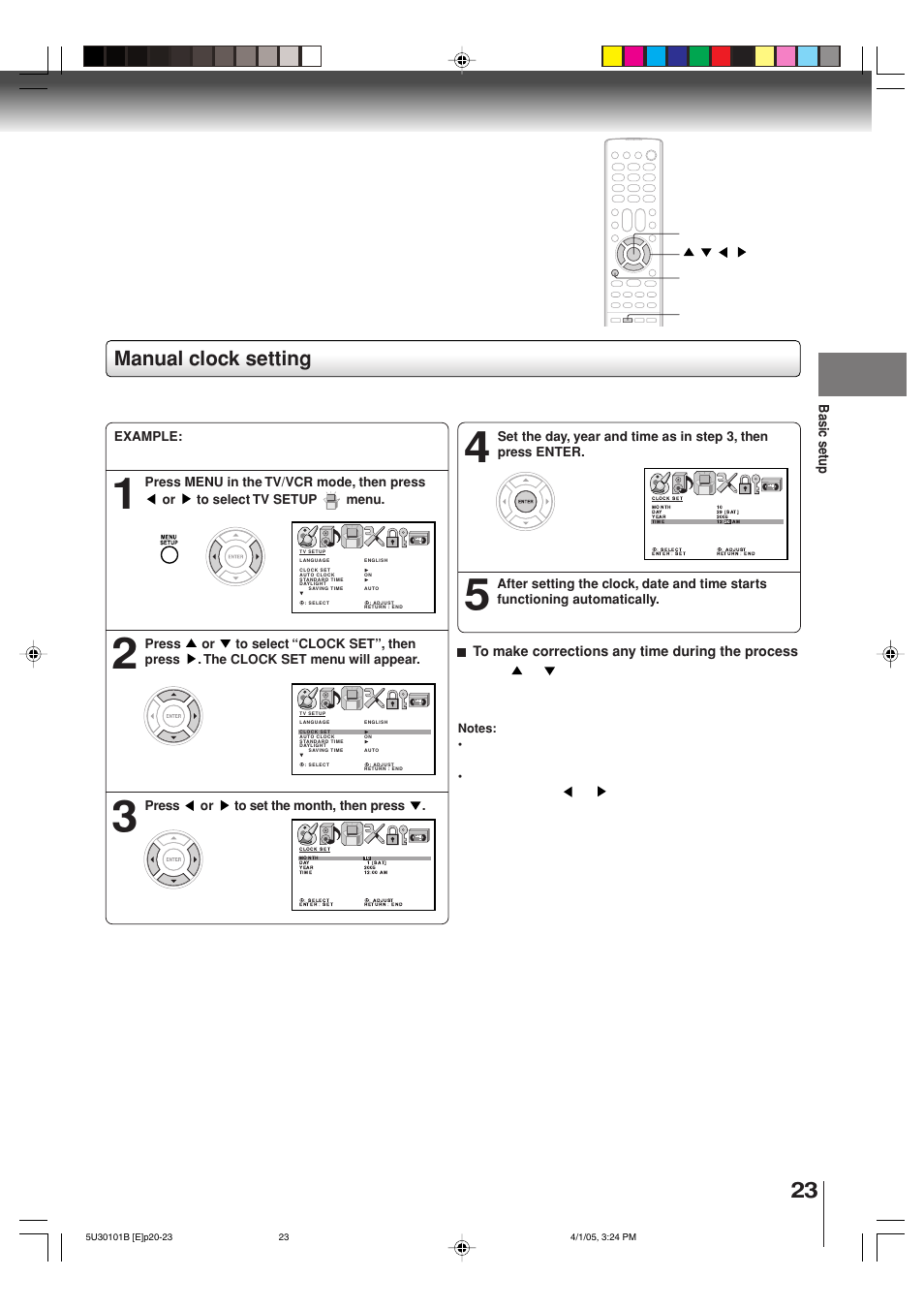 Manual clock setting, Basic setup, Menu enter | Return | Toshiba MW30G71 User Manual | Page 23 / 84