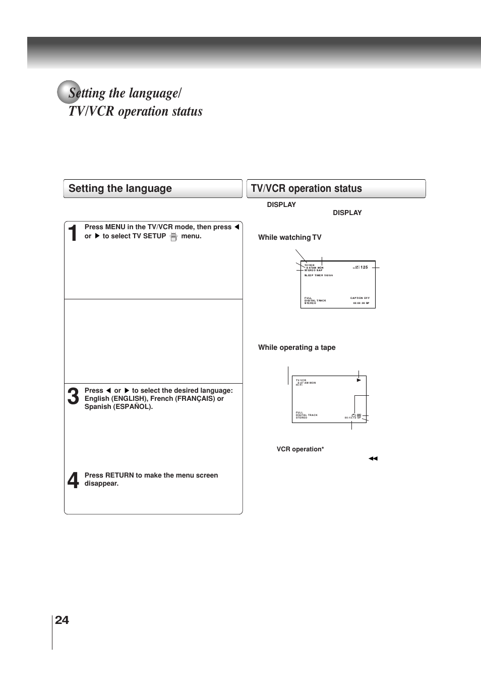 Setting the language/ tv/vcr operation status, Setting the language, Tv/vcr operation status | Toshiba MW30G71 User Manual | Page 24 / 84