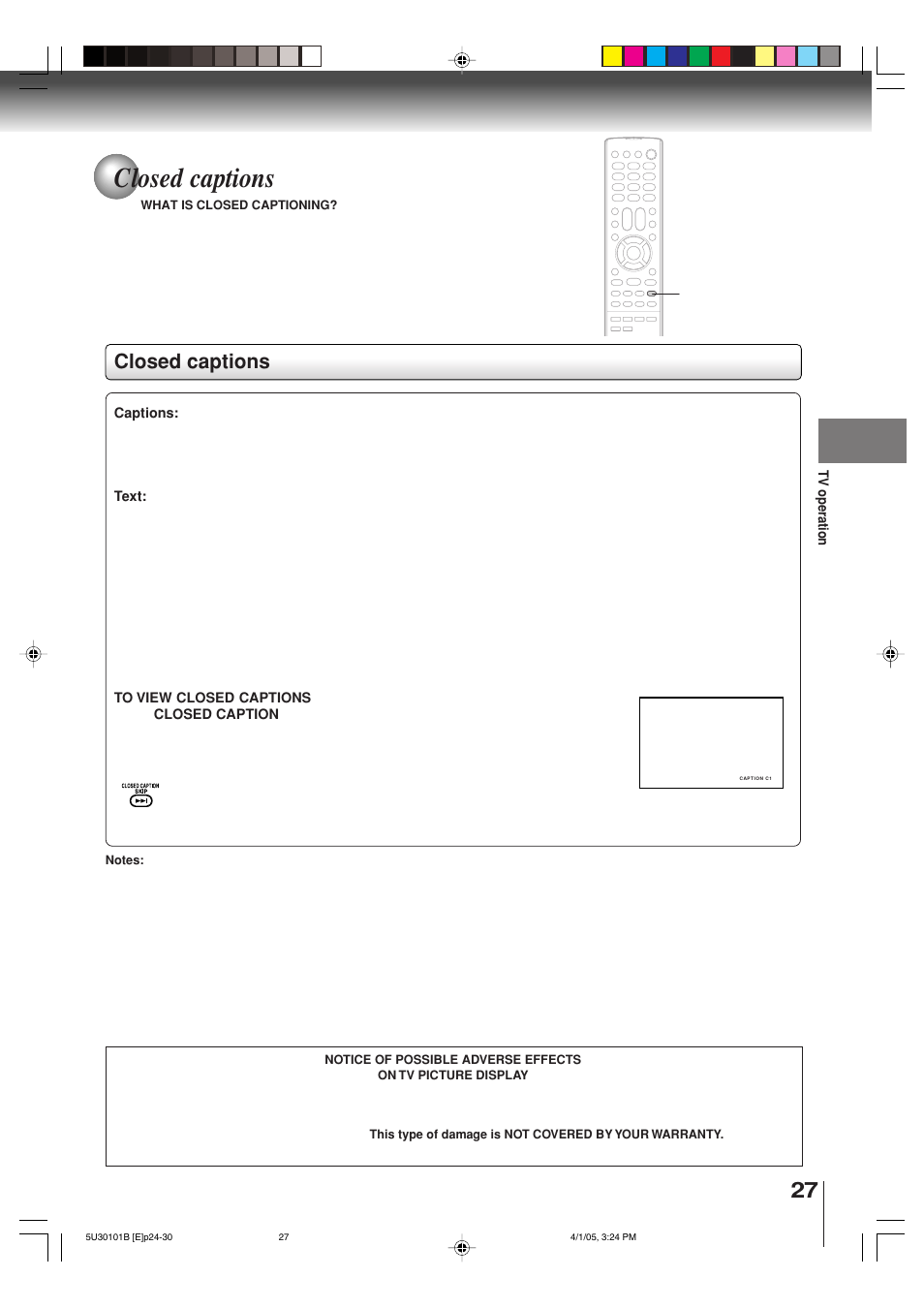 Closed captions | Toshiba MW30G71 User Manual | Page 27 / 84