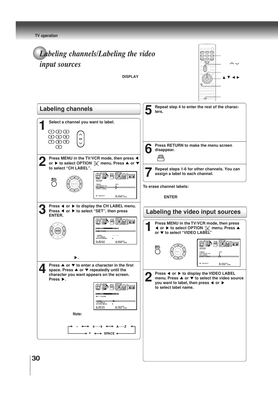 Labeling channels/labeling the video input sources, Labeling channels, Labeling the video input sources | Toshiba MW30G71 User Manual | Page 30 / 84