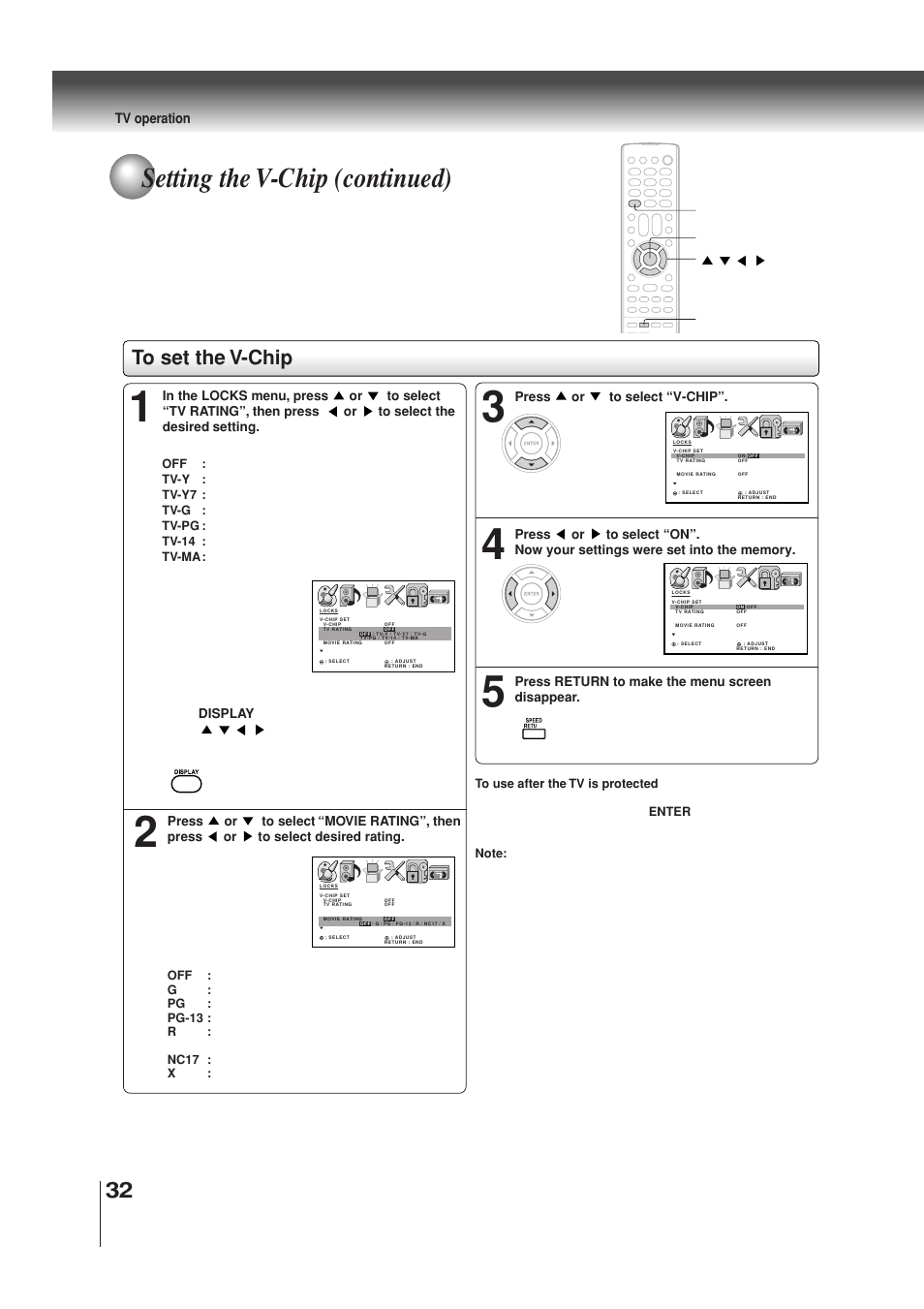 Setting the v-chip (continued) | Toshiba MW30G71 User Manual | Page 32 / 84