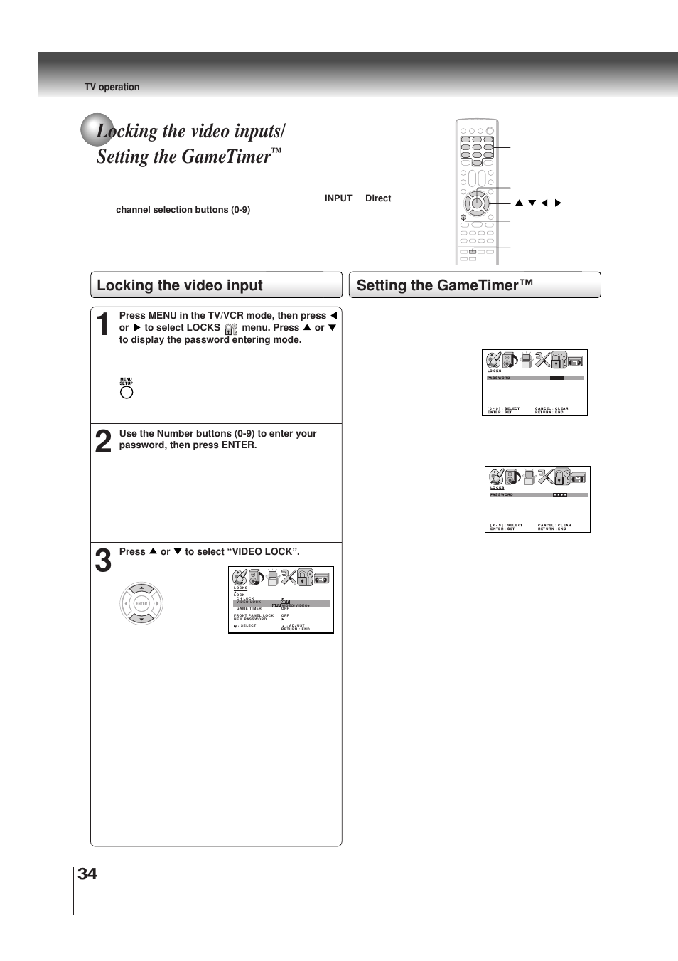 Locking the video inputs/ setting the gametimer, Locking the video input setting the gametimer | Toshiba MW30G71 User Manual | Page 34 / 84