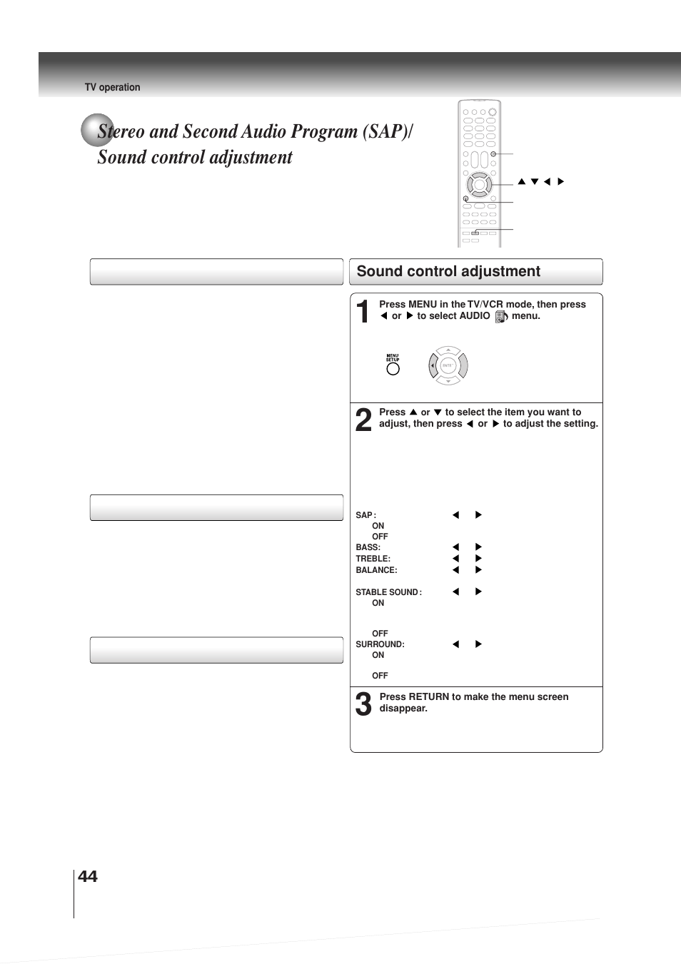 Sound control adjustment | Toshiba MW30G71 User Manual | Page 44 / 84