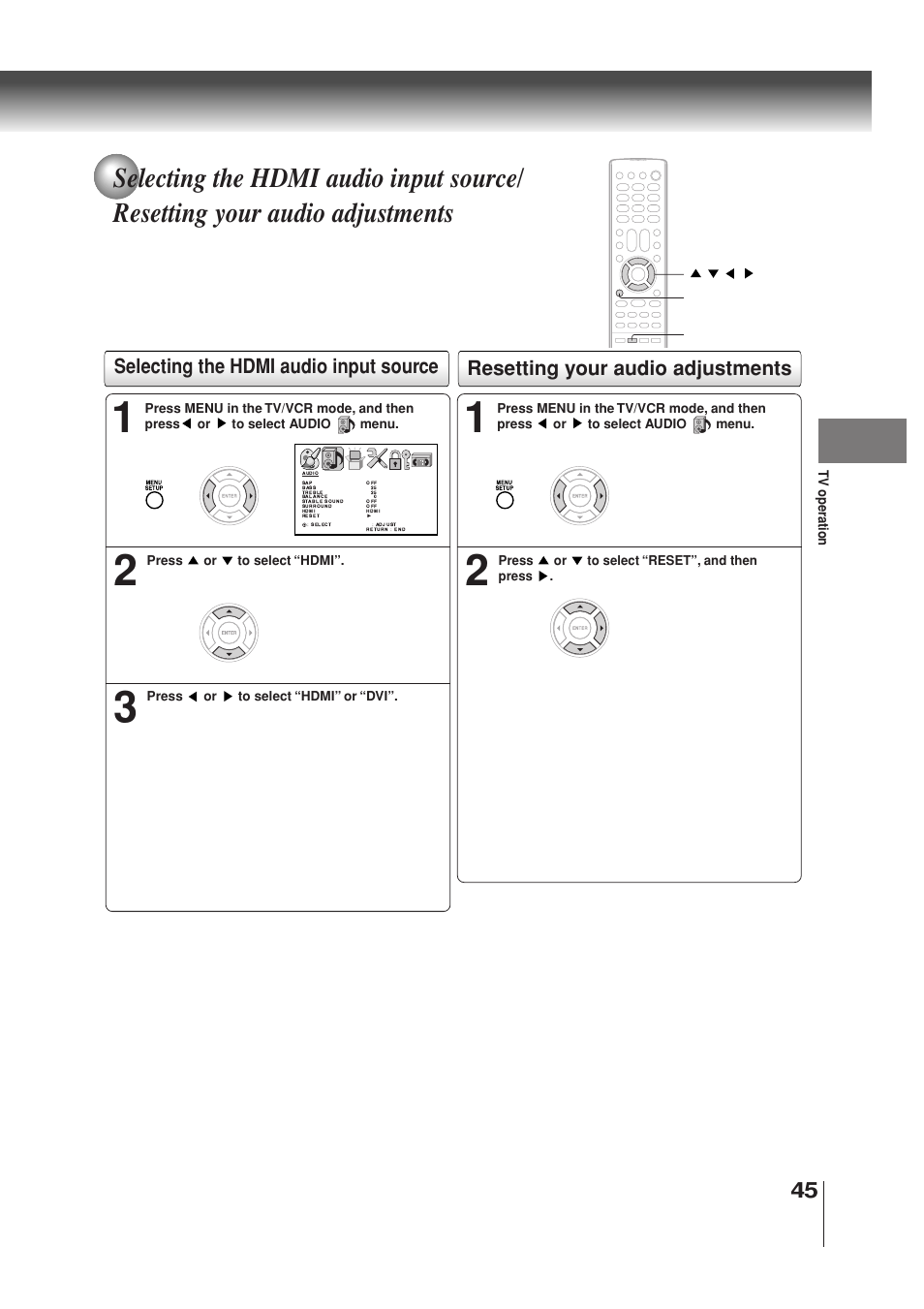 Selecting the hdmi audio input source, Resetting your audio adjustments | Toshiba MW30G71 User Manual | Page 45 / 84