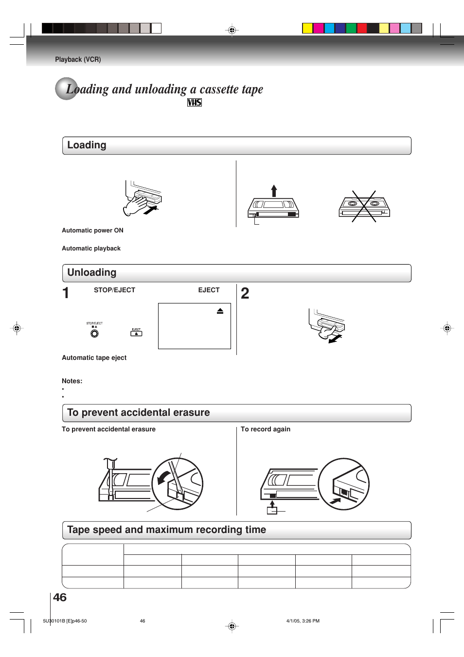 Loading and unloading a cassette tape, Loading, Unloading | Toshiba MW30G71 User Manual | Page 46 / 84