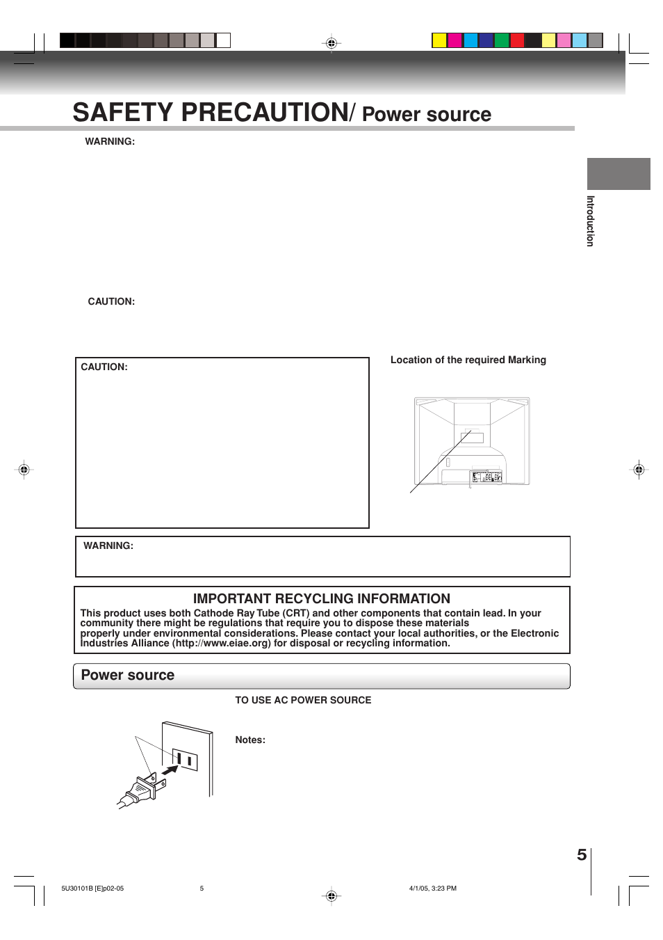 Safety precaution, Power source, Important recycling information | Toshiba MW30G71 User Manual | Page 5 / 84