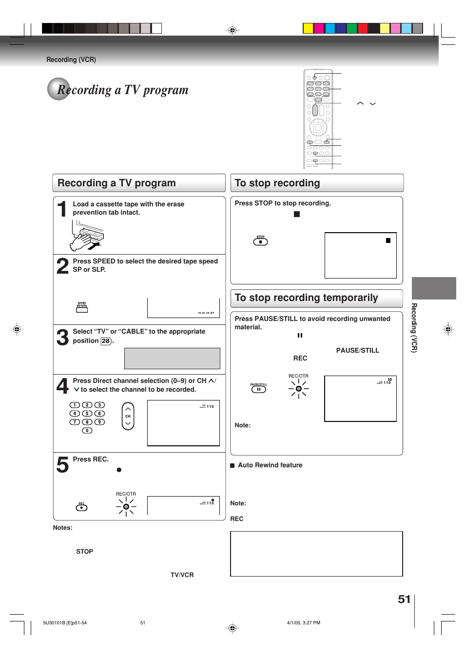 Recording a tv program | Toshiba MW30G71 User Manual | Page 51 / 84