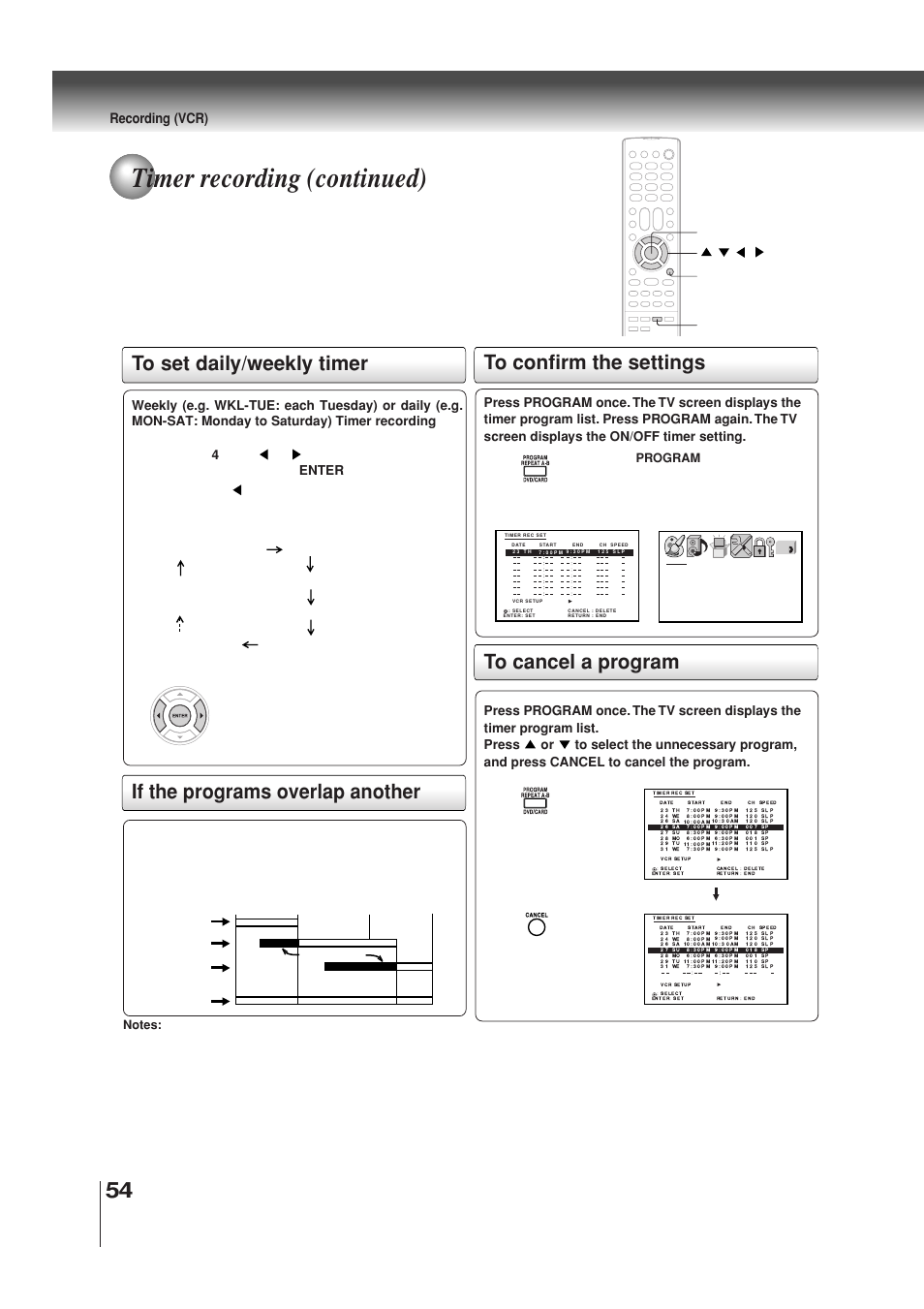 Timer recording (continued), If the programs overlap another, Recording (vcr) | Twice) (once), Cancel program enter, Press program 3 times. the menu screen is cleared | Toshiba MW30G71 User Manual | Page 54 / 84