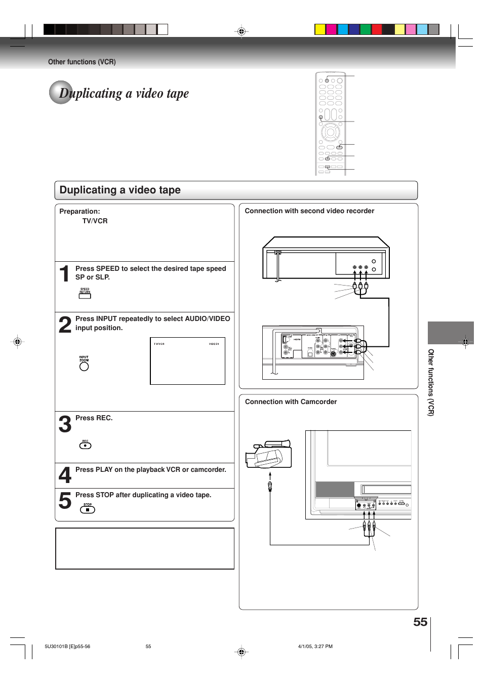Duplicating a video tape | Toshiba MW30G71 User Manual | Page 55 / 84