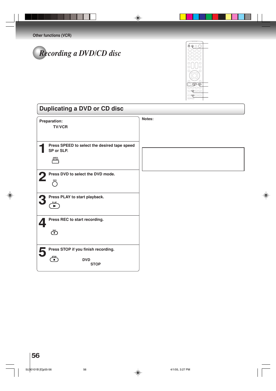 Recording a dvd/cd disc | Toshiba MW30G71 User Manual | Page 56 / 84