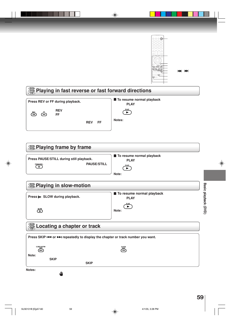Playing in slow-motion, Locating a chapter or track | Toshiba MW30G71 User Manual | Page 59 / 84