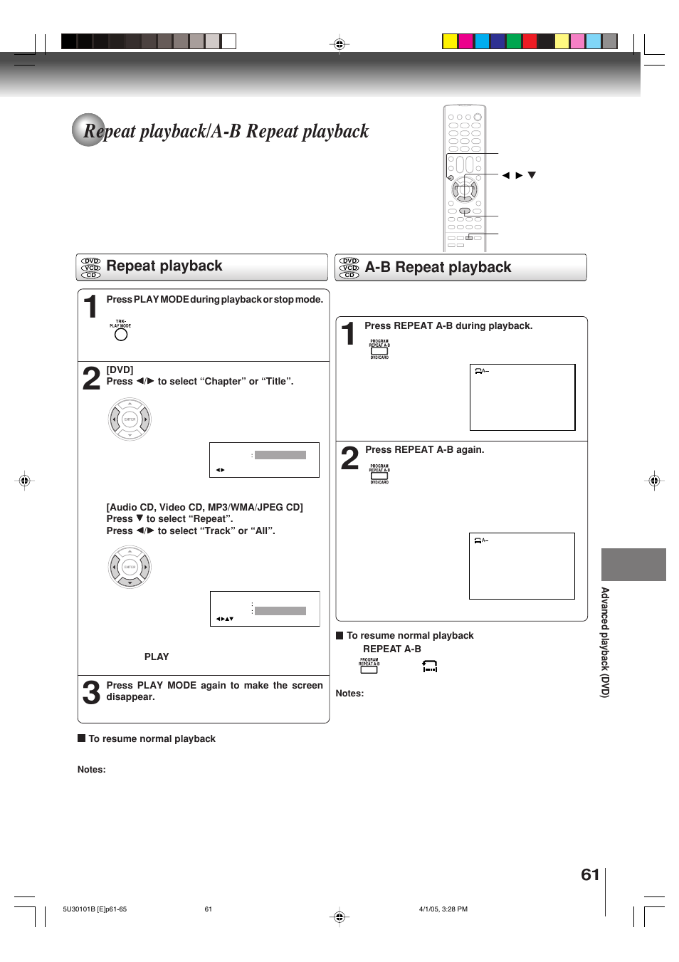 Repeat playback/a-b repeat playback, Repeat playback a-b repeat playback | Toshiba MW30G71 User Manual | Page 61 / 84