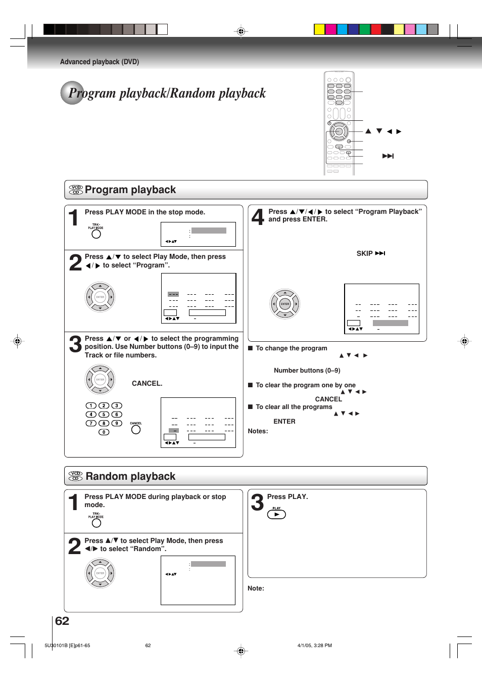 Program playback/random playback, Program playback, Random playback | Toshiba MW30G71 User Manual | Page 62 / 84