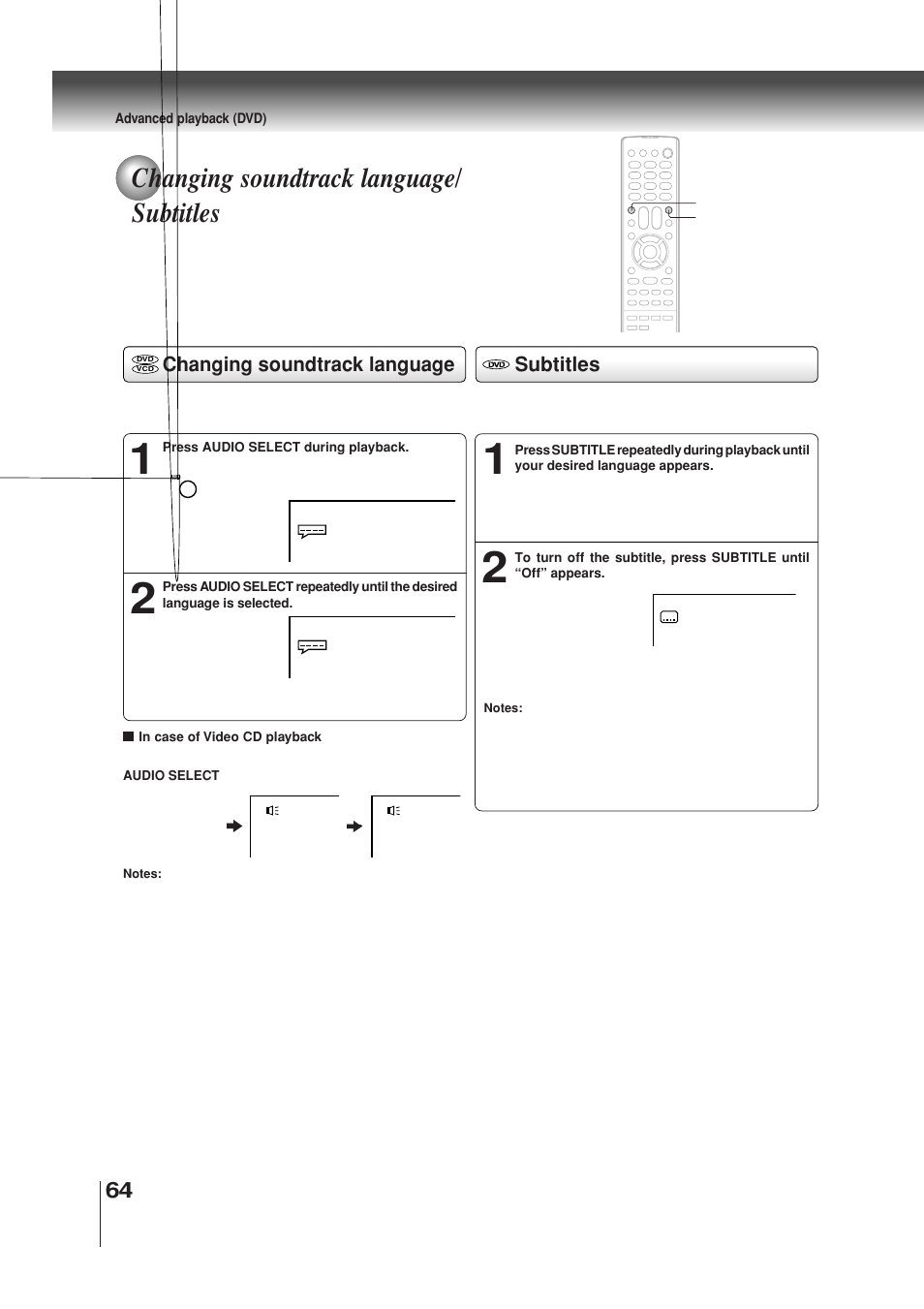 Changing soundtrack language/ subtitles, Subtitles, Changing soundtrack language | Toshiba MW30G71 User Manual | Page 64 / 84