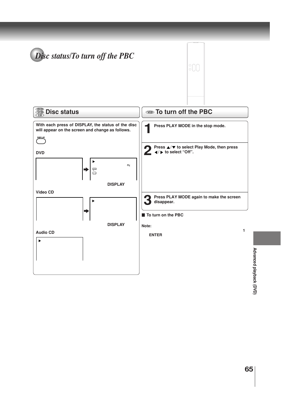 Disc status/to turn off the pbc, Disc status | Toshiba MW30G71 User Manual | Page 65 / 84