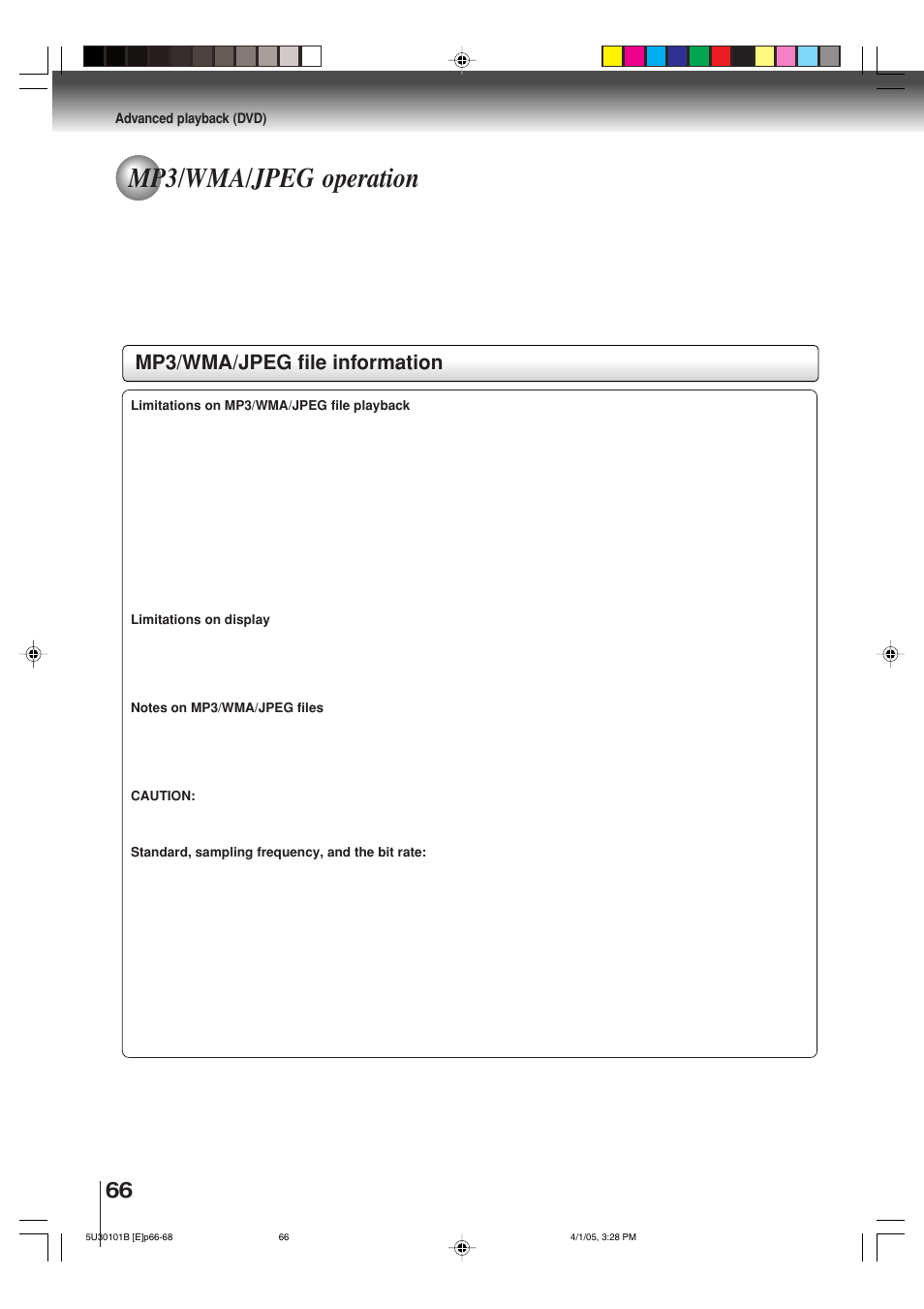 Mp3/wma/jpeg operation, Mp3/wma/jpeg file information | Toshiba MW30G71 User Manual | Page 66 / 84