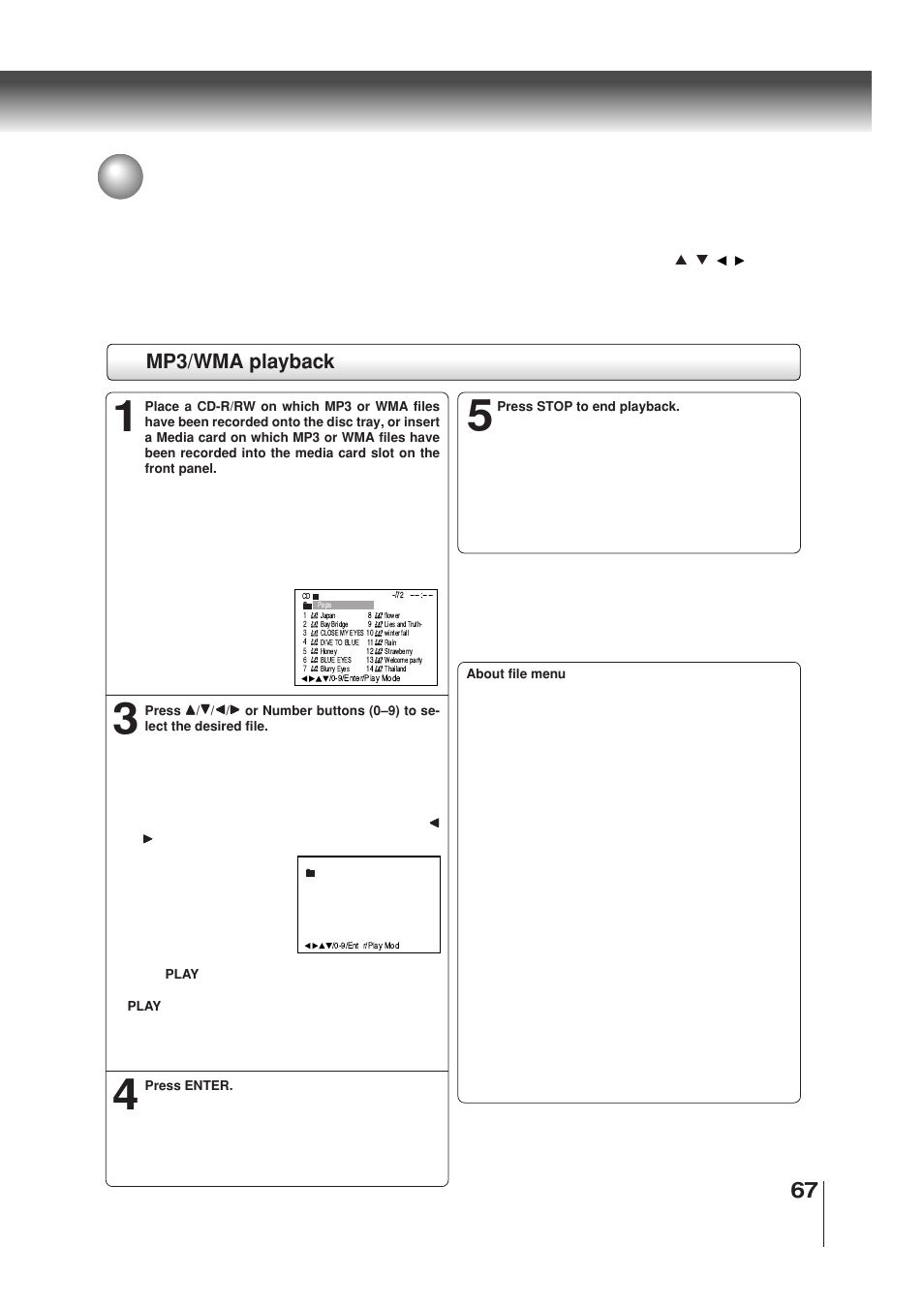 Mp3/wma playback | Toshiba MW30G71 User Manual | Page 67 / 84