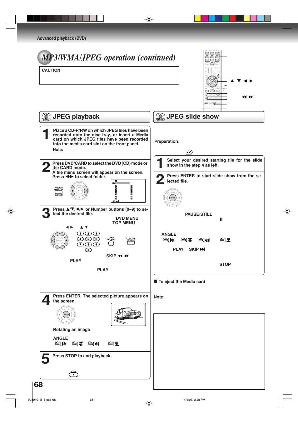 Mp3/wma/jpeg operation (continued), Jpeg slide show jpeg playback | Toshiba MW30G71 User Manual | Page 68 / 84