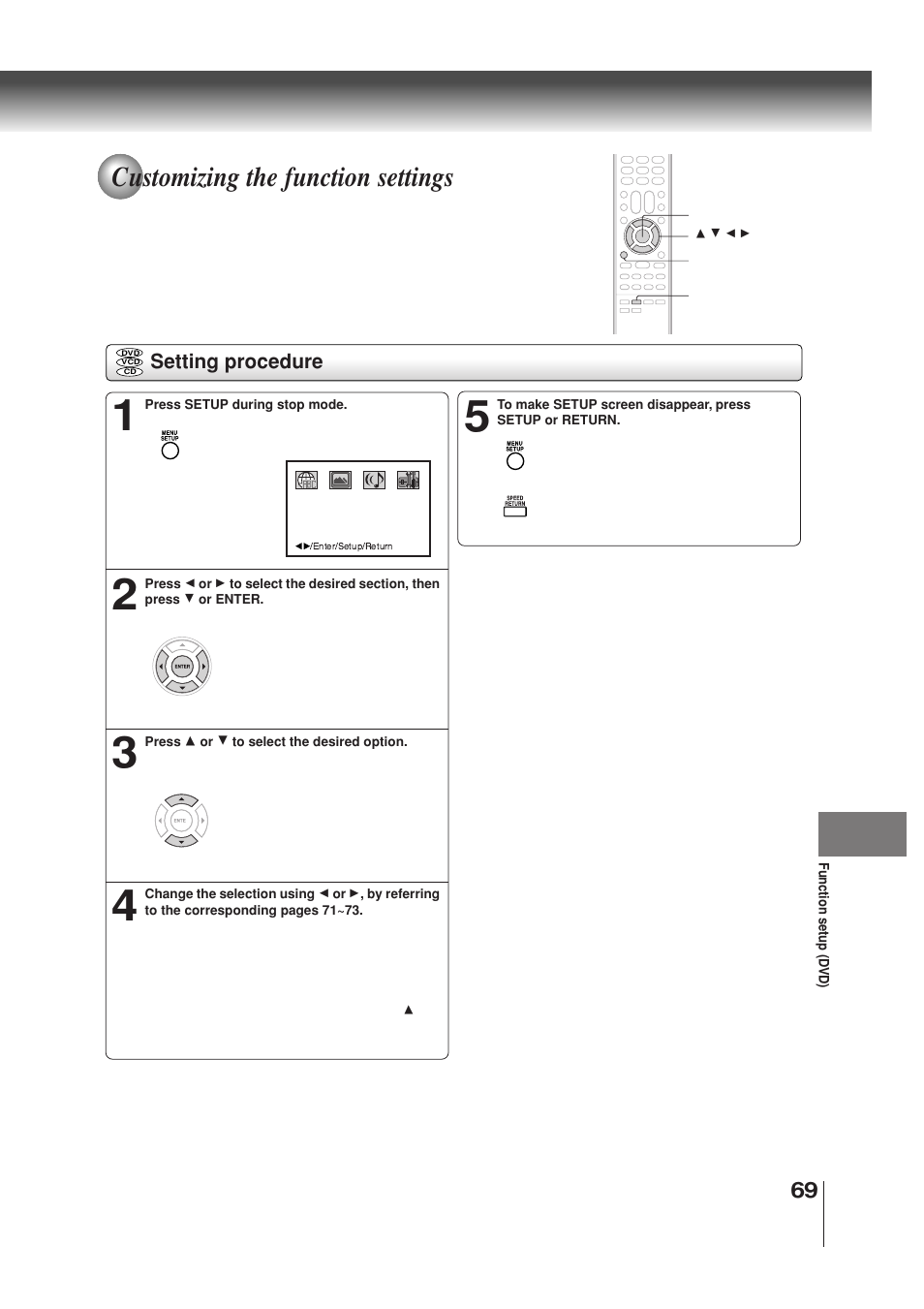 Customizing the function settings | Toshiba MW30G71 User Manual | Page 69 / 84