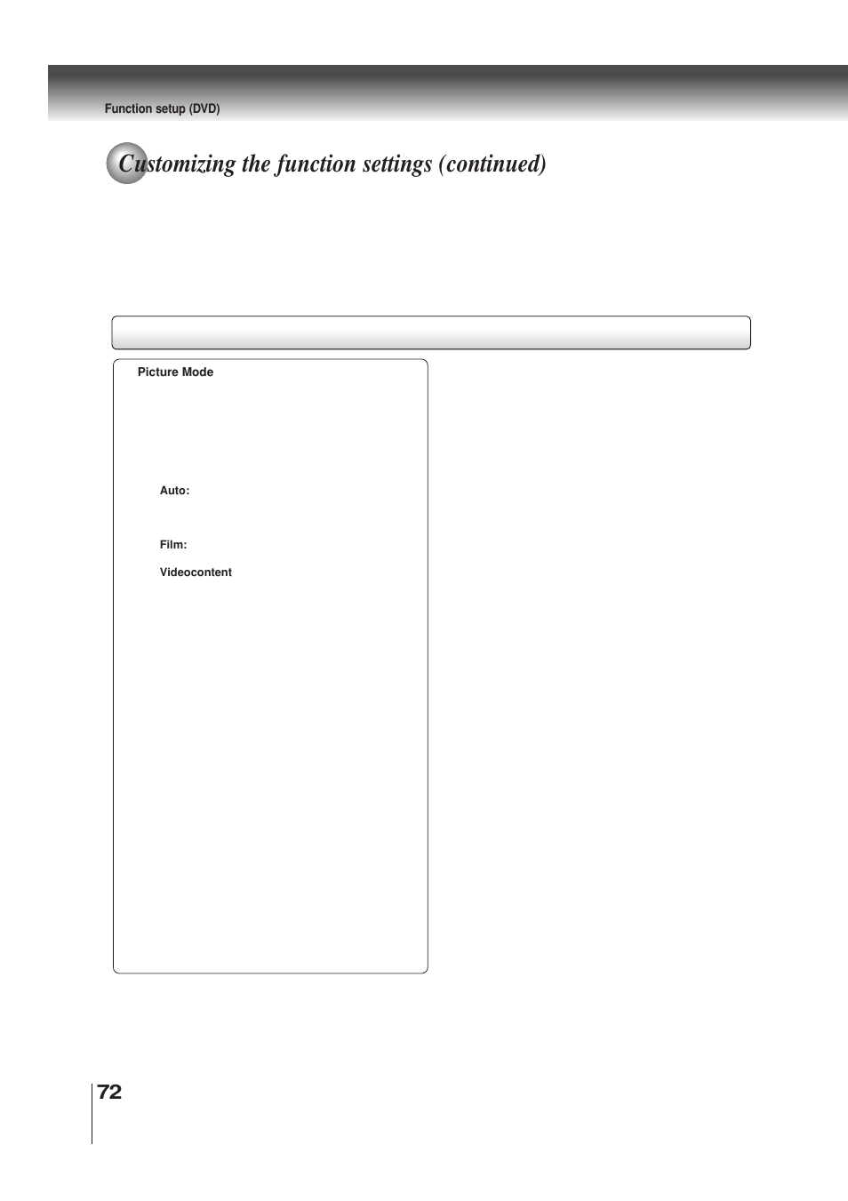 Customizing the function settings (continued) | Toshiba MW30G71 User Manual | Page 72 / 84