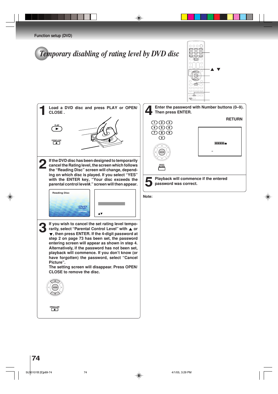 Temporary disabling of rating level by dvd disc | Toshiba MW30G71 User Manual | Page 74 / 84