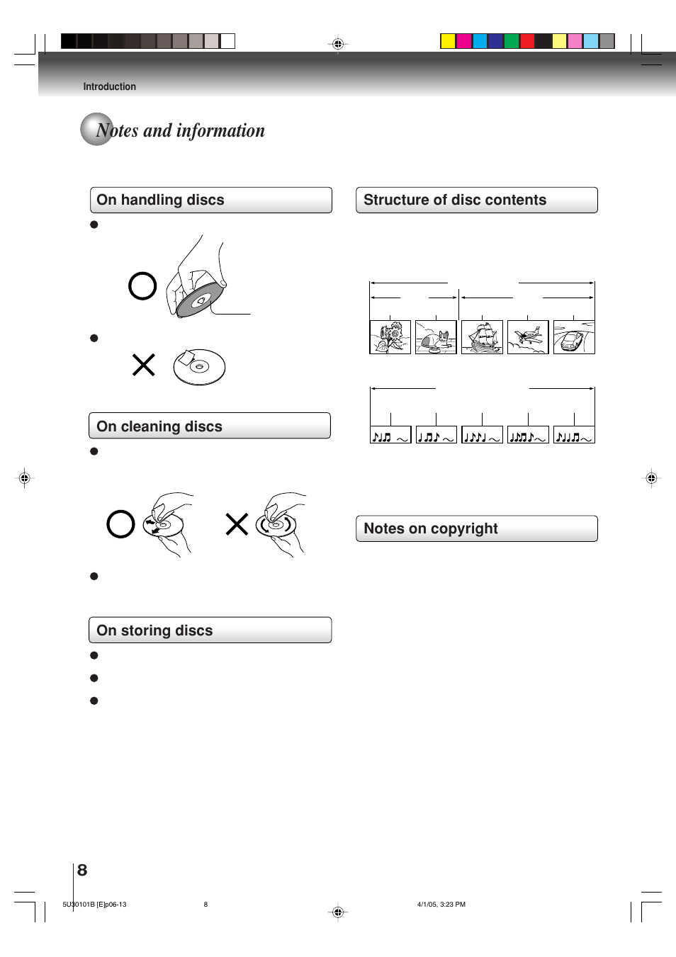Structure of disc contents, On handling discs, On cleaning discs | On storing discs | Toshiba MW30G71 User Manual | Page 8 / 84