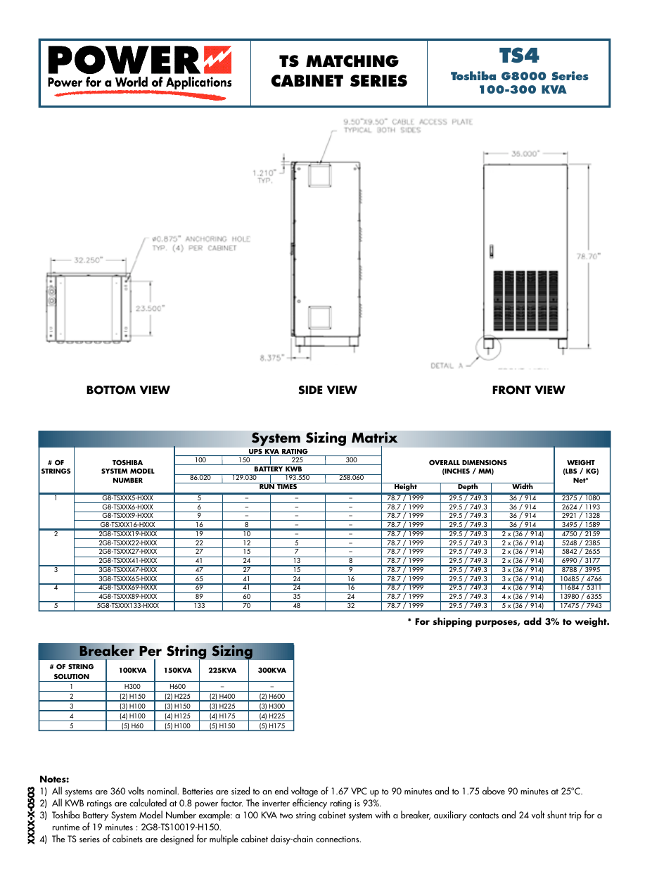 T s 4, Ts matching cabinet series, System sizing matrix breaker per string sizing | Front view side view bottom view | Toshiba Power TS4 User Manual | Page 2 / 2