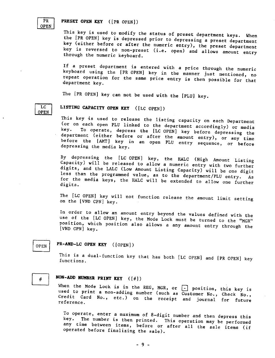 Listing capacity open key ([lc open]), Non-add number print key ([#]) | Toshiba TEC MA-1040-400 Series User Manual | Page 13 / 64