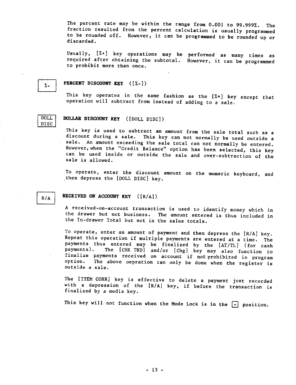 Percent discomrr key ([%-]), Received on account key ([r/a]) | Toshiba TEC MA-1040-400 Series User Manual | Page 17 / 64
