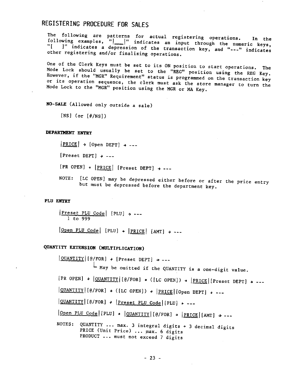 Registering procedure for sales, Department entry, Plu entry | Quantity extension (multiplication) | Toshiba TEC MA-1040-400 Series User Manual | Page 27 / 64