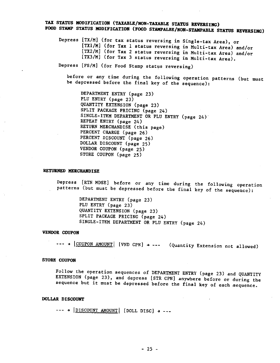 Returned merchandise, Vendor coupon, Store coupon | Dollar discount | Toshiba TEC MA-1040-400 Series User Manual | Page 29 / 64