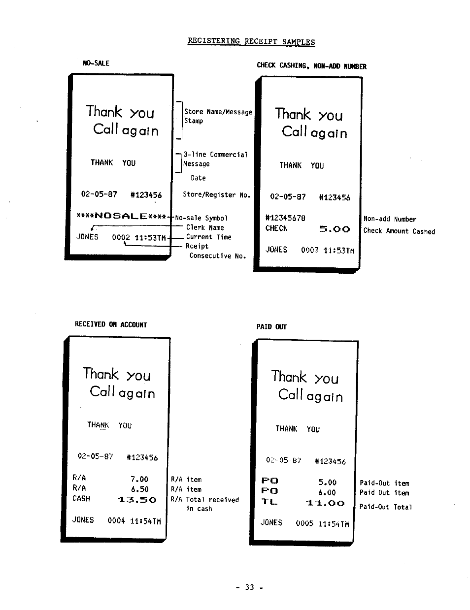 Ho-sale, Thank you call again, Check cashing. non-aod nunber | Received on account | Toshiba TEC MA-1040-400 Series User Manual | Page 37 / 64